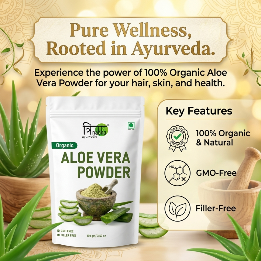 Trinabha Organic Aloe Vera Powder | 100% Pure Natural Aloe Vera | For Hair, Skin & Wellness | GMO Free | Filler Free | 100g