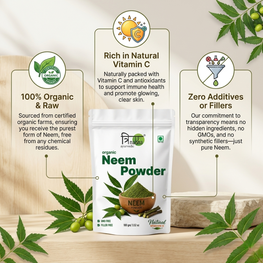 Trinabha Organic Neem Powder 100g | 100% Pure Neem Leaf Powder | Natural Skin, Hair & Wellness Care | GMO Free | Filler Free