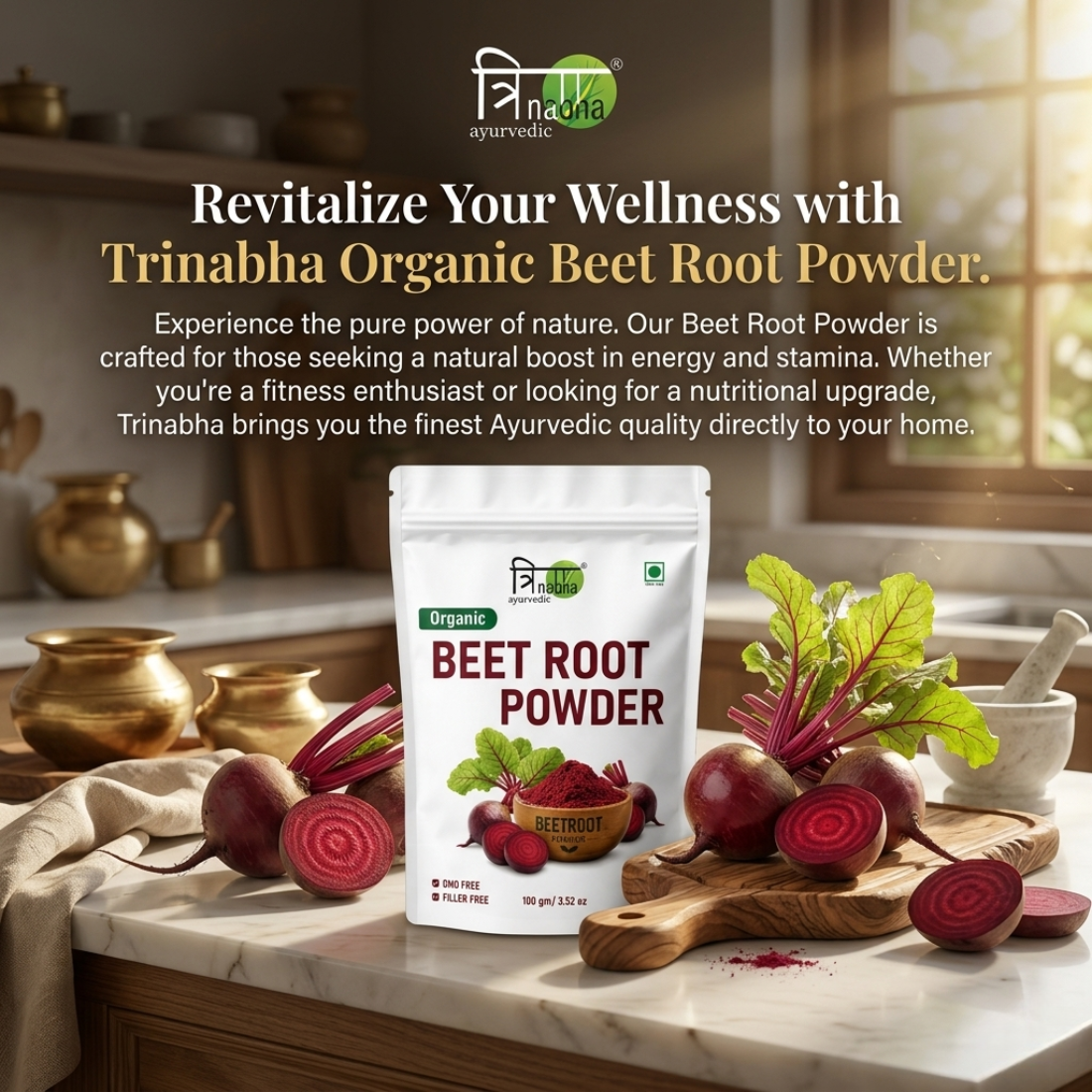 Trinabha Organic Beet Root Powder | 100% Pure Beetroot Powder | Rich in Natural Nitrates & Antioxidants | Supports Energy, Blood Circulation & Heart Health | Non-GMO | Filler Free | 100% Vegan | 100g