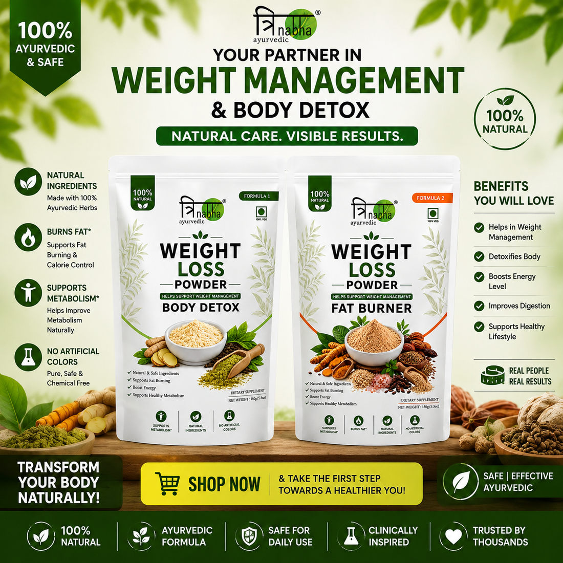 Trinabha Ayurvedic Weight Loss Combo | Body Detox + Fat Burner Powder | 2-Step Natural Weight Management System | 150g + 150g