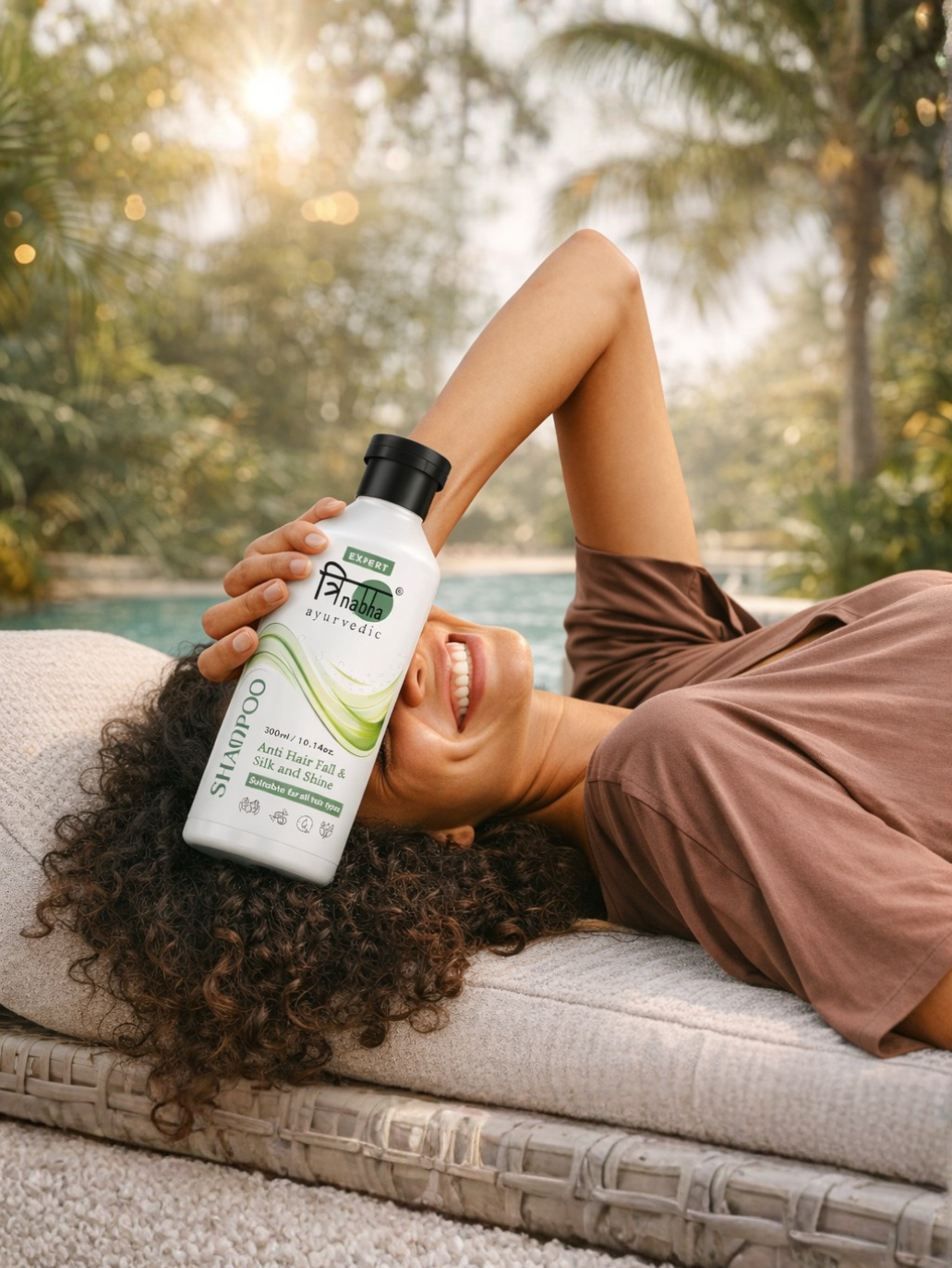 Person lying on a couch by a pool holding a bottle of shampoo with a natural setting.