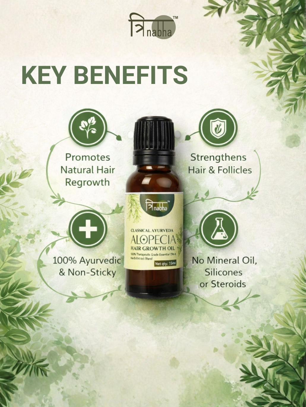 Benefits of Trinabha Alopecia oil: Promotes regrowth, strengthens follicles, non-sticky, and chemical-free.