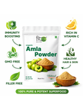 Infographic of Trinabha Amla Powder highlighting benefits: Immunity Boosting, Rich in Vitamin C, GMO Free, Filler Free, and Healthy Hair & Skin.