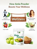 Wellness guide for Amla powder showing support for heart health, immunity, energy, and purified skin and hair.