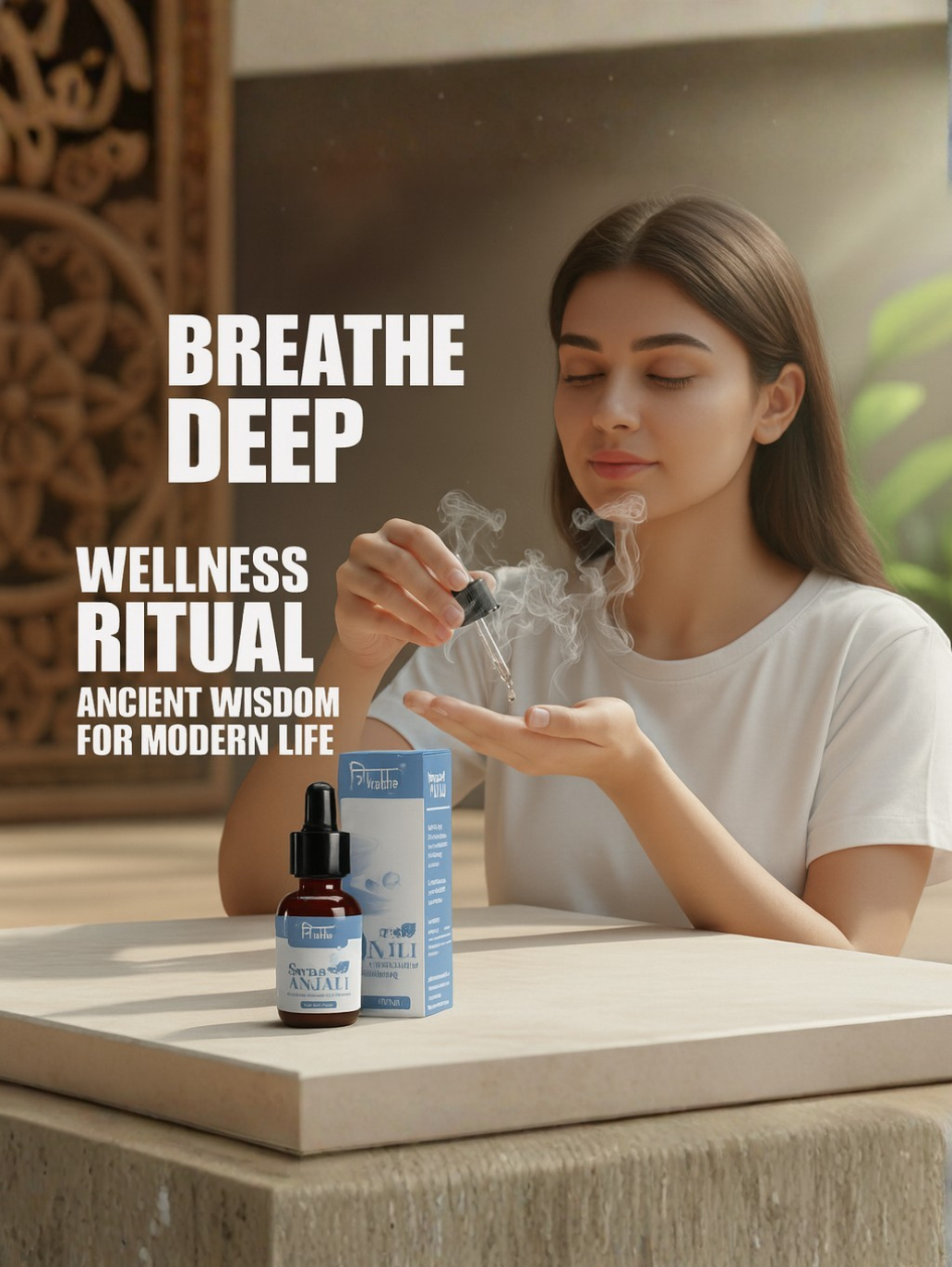 A woman performing a wellness ritual by inhaling Swas Anjali drops from her palm for deep breathing support.
