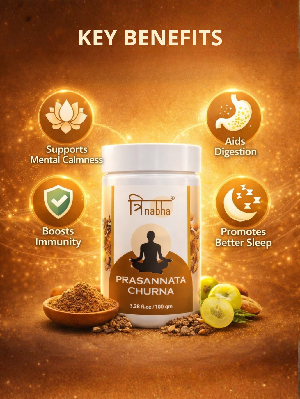 Infographic showing key benefits of Prasannata Churna: Supports Mental Calmness, Boosts Immunity, Aids Digestion, and Promotes Better Sleep