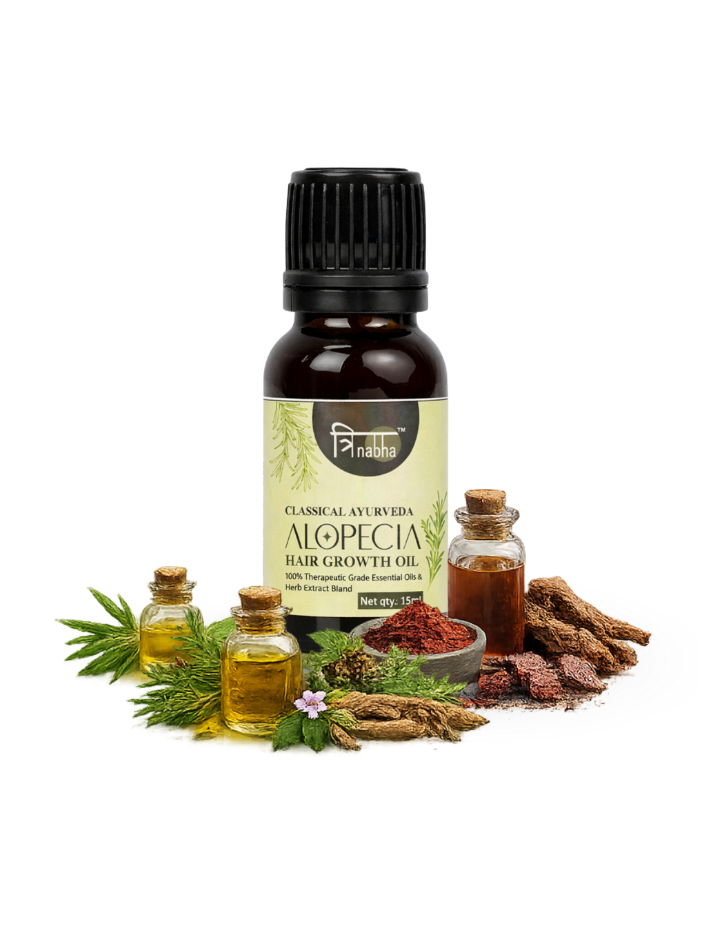Ayurvedic hair growth oil bottle surrounded by natural herbal extracts and essential oil vials