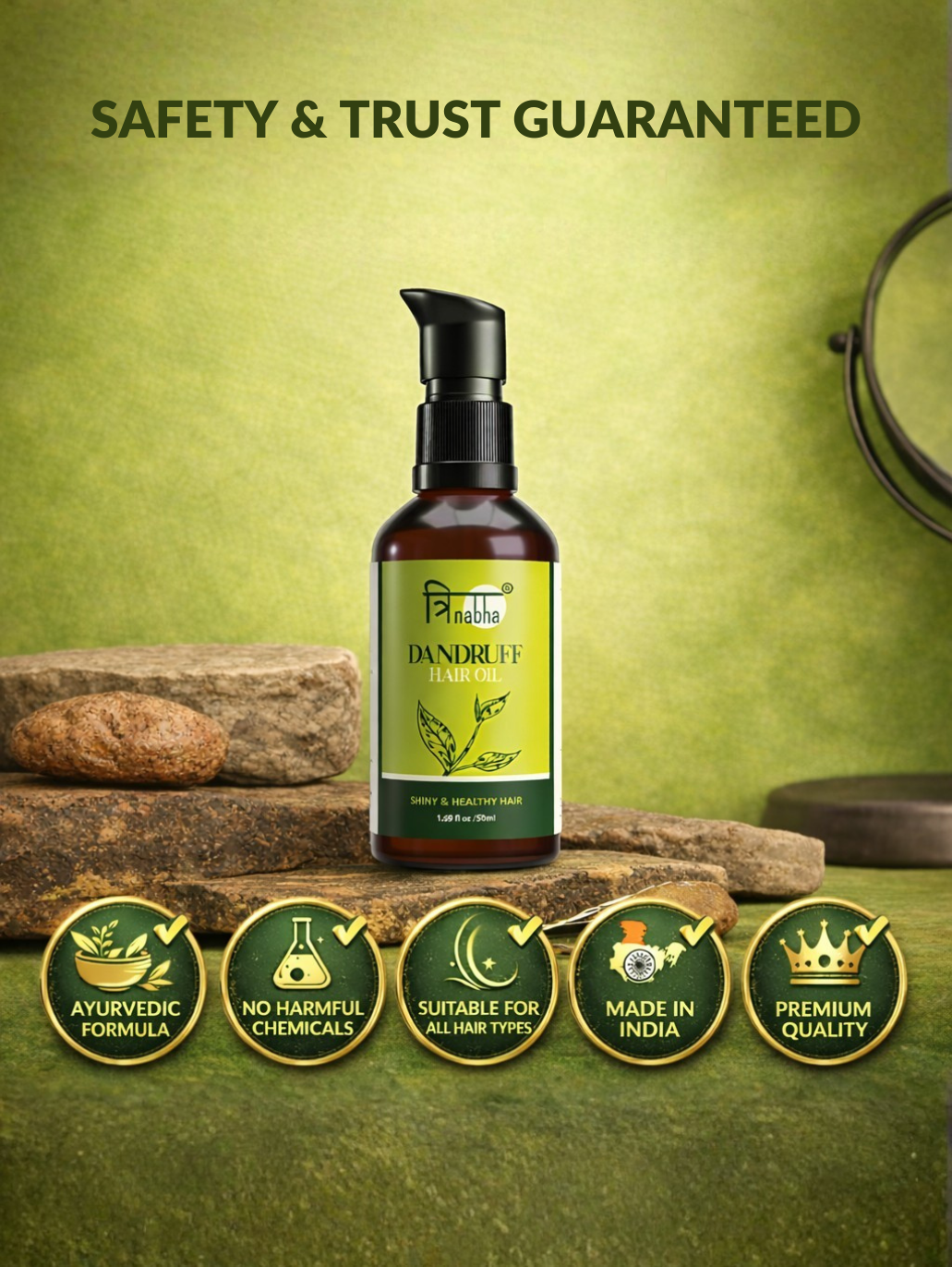 Safety and trust badges for Trinabha hair oil: Ayurvedic formula, No harmful chemicals, Made in India.