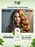 Before and after comparison of hair with Trinabha Ayurvedic shampoo, featuring the brand logo.