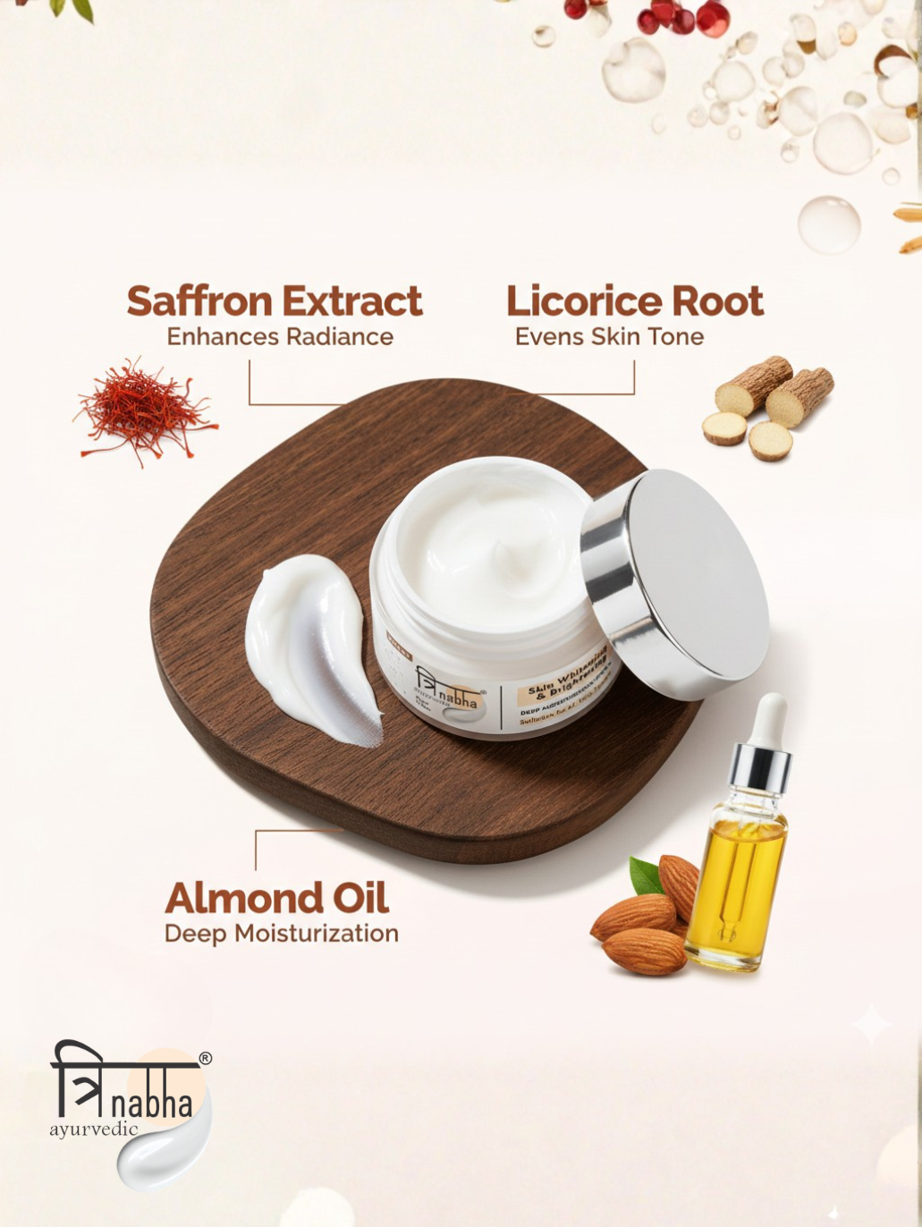 Ayurvedic skin cream with saffron extract for radiance, licorice root for even skin tone, and almond oil for deep hydration