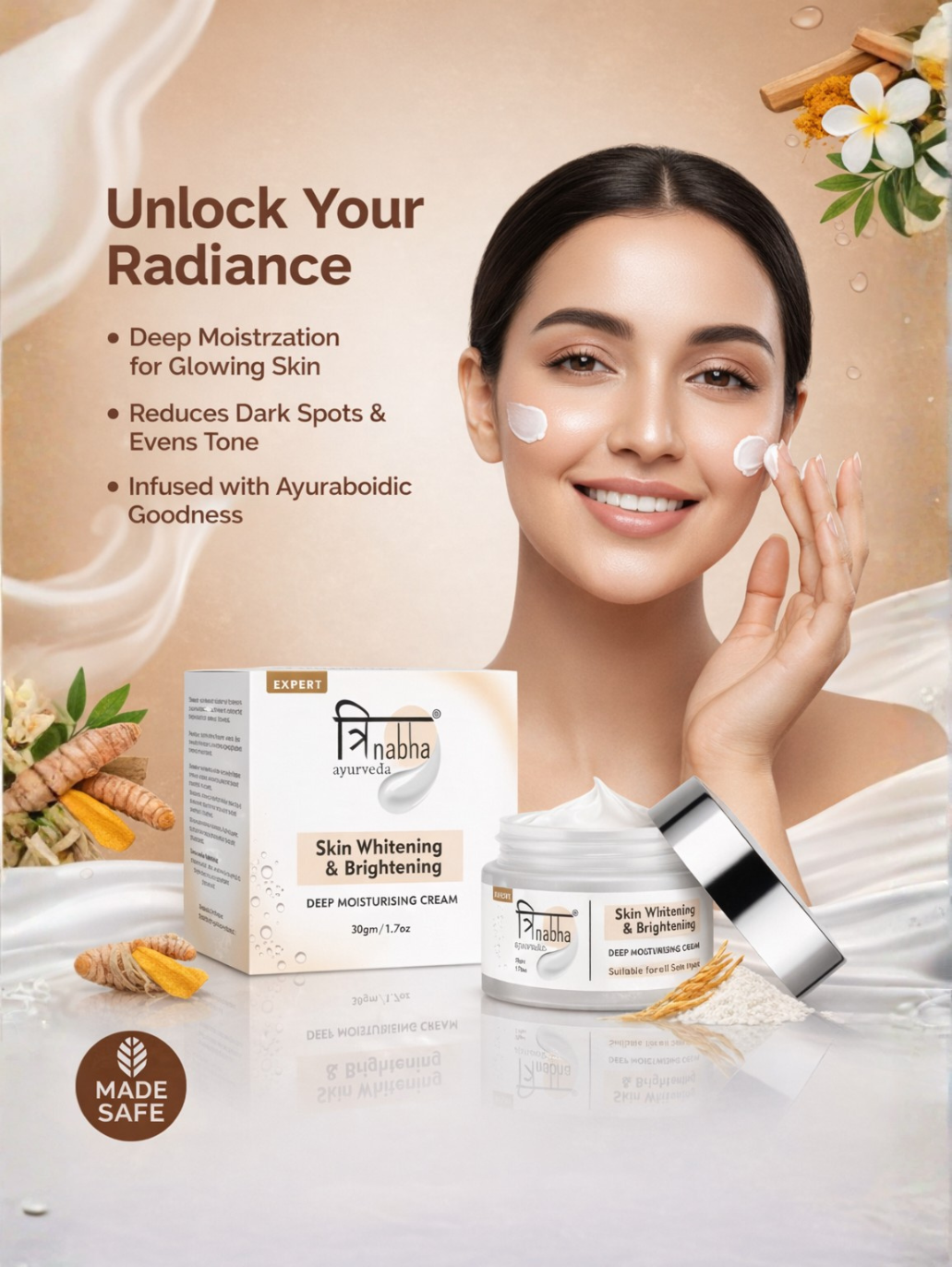 Woman applying Trinabha Ayurvedic skin whitening and brightening cream for glowing and even toned skin