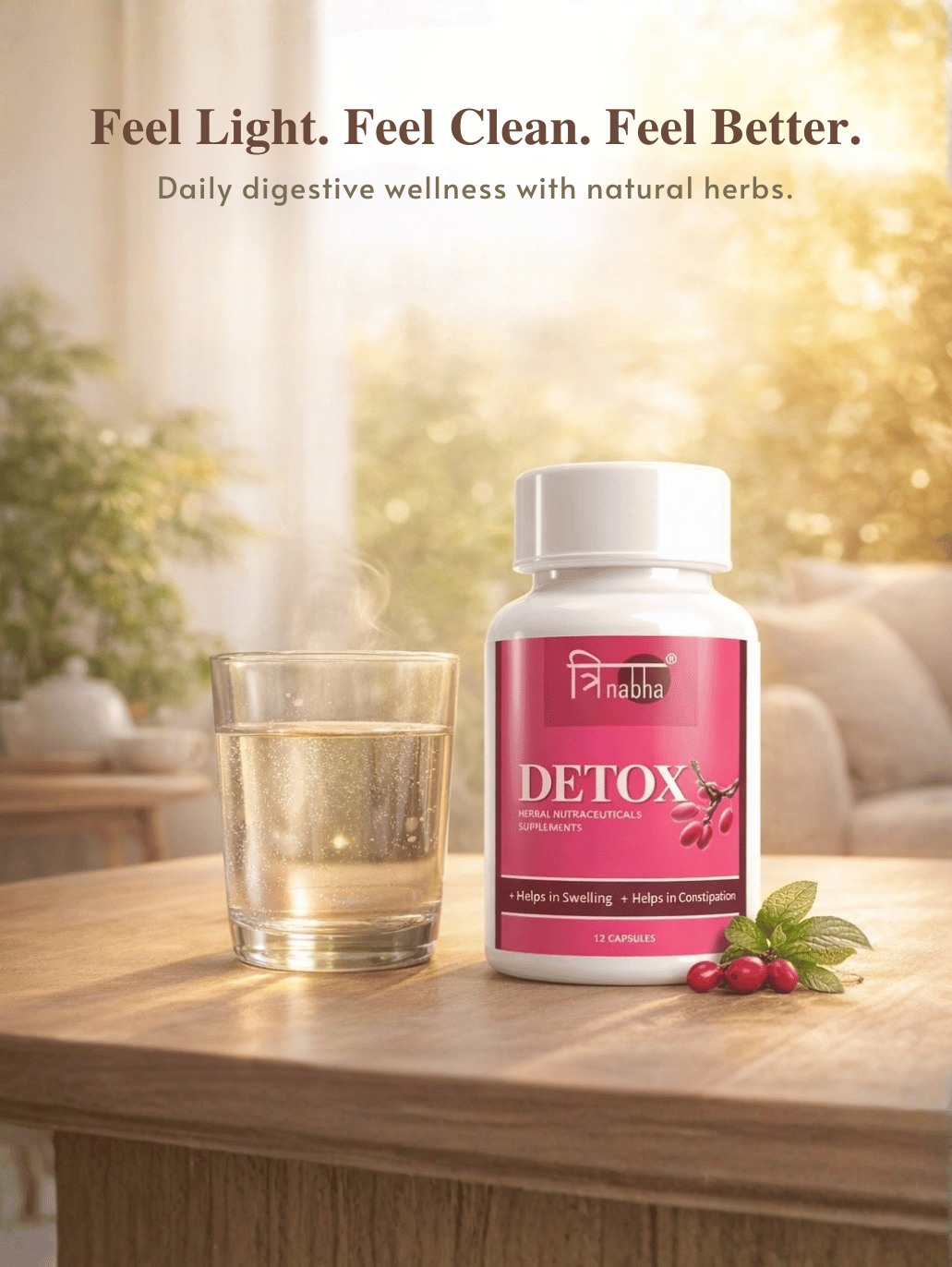 60 count Trinabha Detox capsules featuring GMP, FSSAI, and Made in India safety certifications