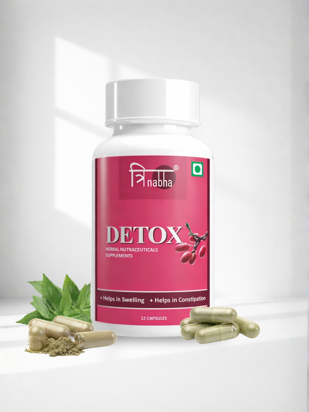 Detox supplement bottle with capsules and herbs on a white background