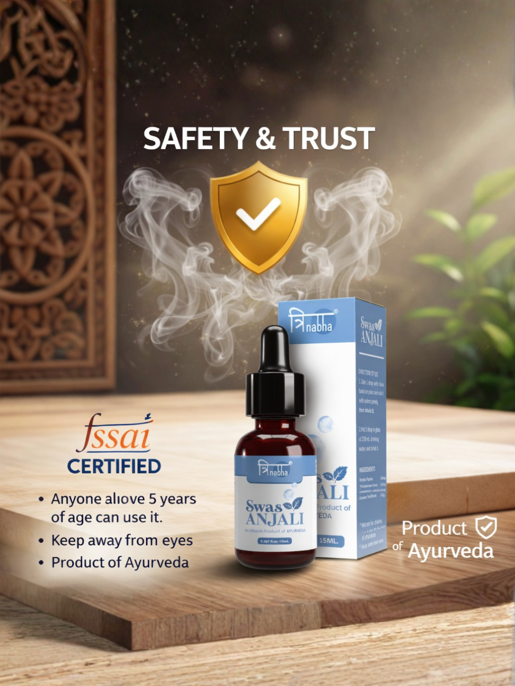 Safety information for Swas Anjali: FSSAI certified, safe for ages 5 and up, and a 100% Ayurvedic product.