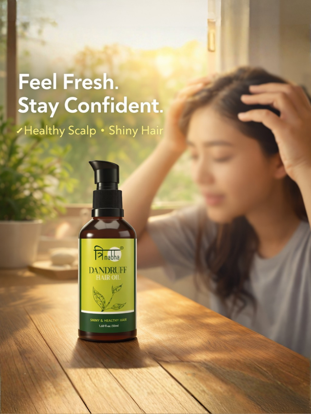 A confident woman with healthy shiny hair after using Trinabha Ayurvedic scalp protection oil