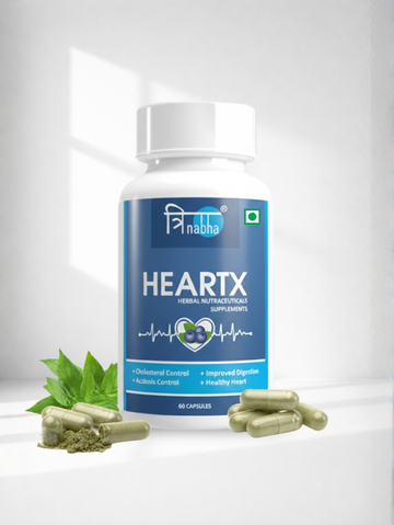 Heart health supplement bottle with capsules and herbs on a white background