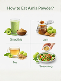 Four ways to eat Amla powder: adding it to smoothies, making jam, brewing amla tea, or using it as a salad seasoning.
