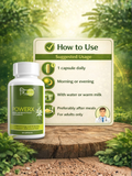 Instructional graphic for PowerX: Take 1 capsule daily, morning or evening, with water or warm milk after meals. For adults only.
