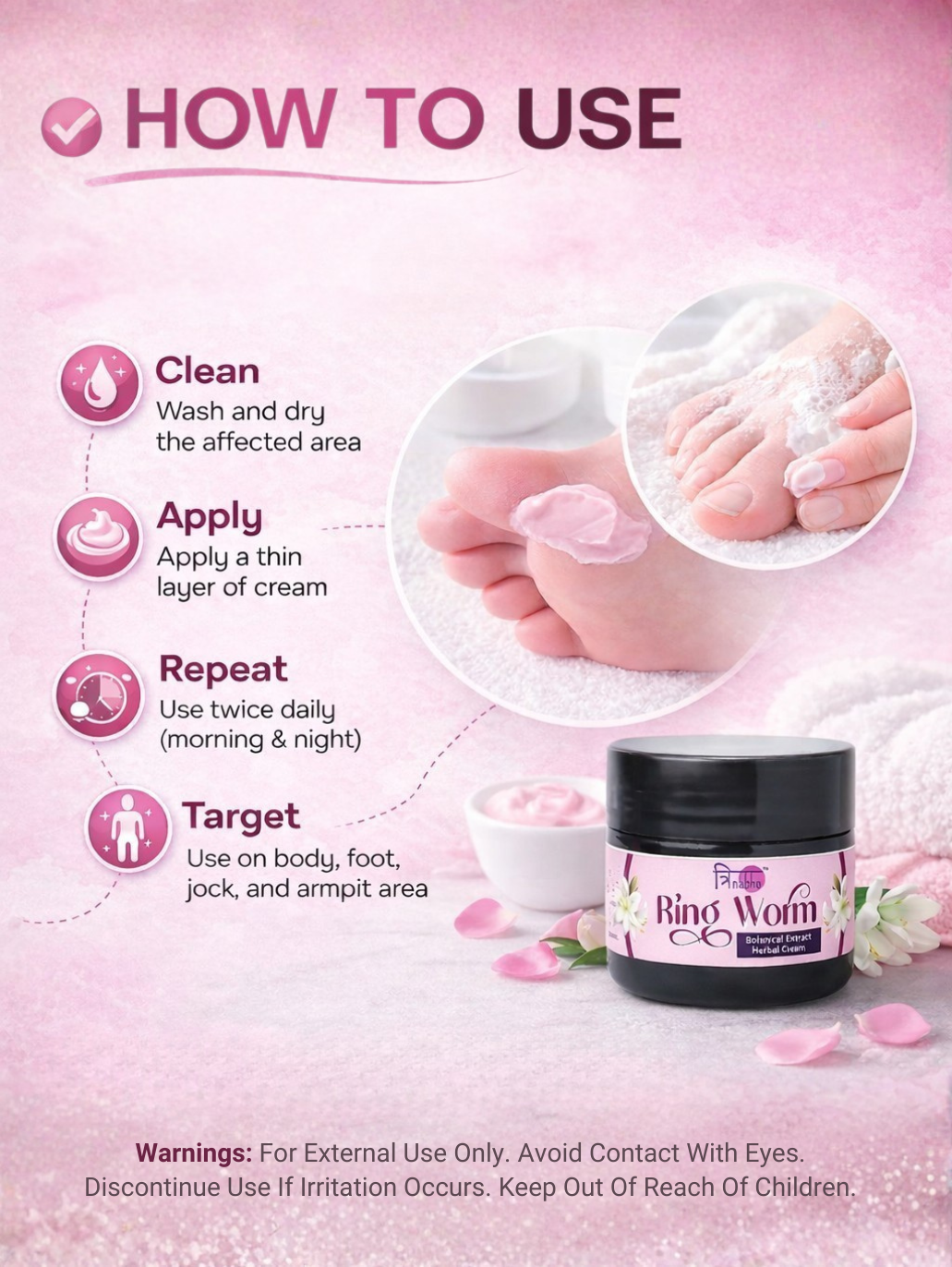 Step-by-step instructions: Clean, Apply thin layer, Repeat twice daily on body or feet.