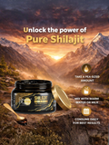 Instructional graphic for pure Shilajit: take a pea-sized amount, mix with warm water or milk, and consume daily