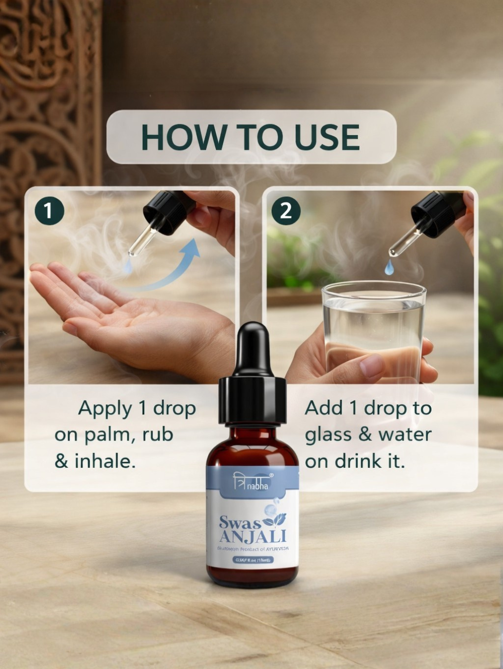 Infographic showing how to use Swas Anjali: apply 1 drop on the palm to inhale, or add 1 drop to a glass of water to drink.