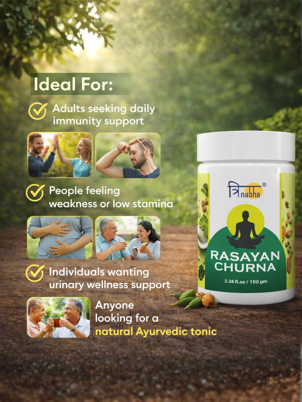 Lifestyle images showing adults and seniors who benefit from Rasayan Churna for weakness and wellness.