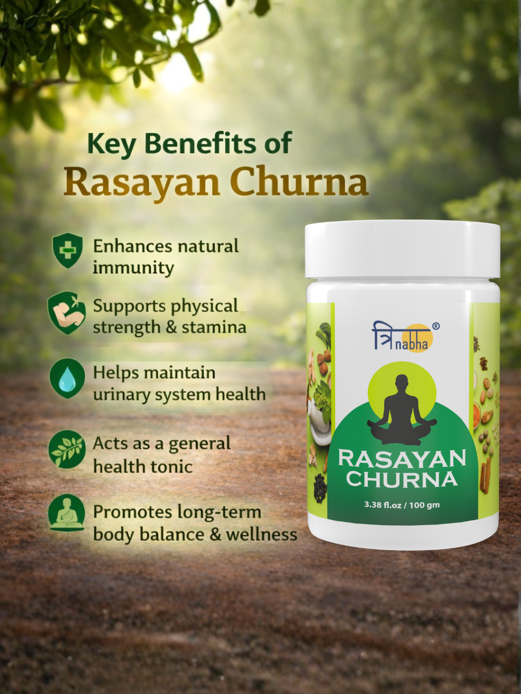 List of key benefits for Rasayan Churna including natural immunity, stamina, and urinary system health.