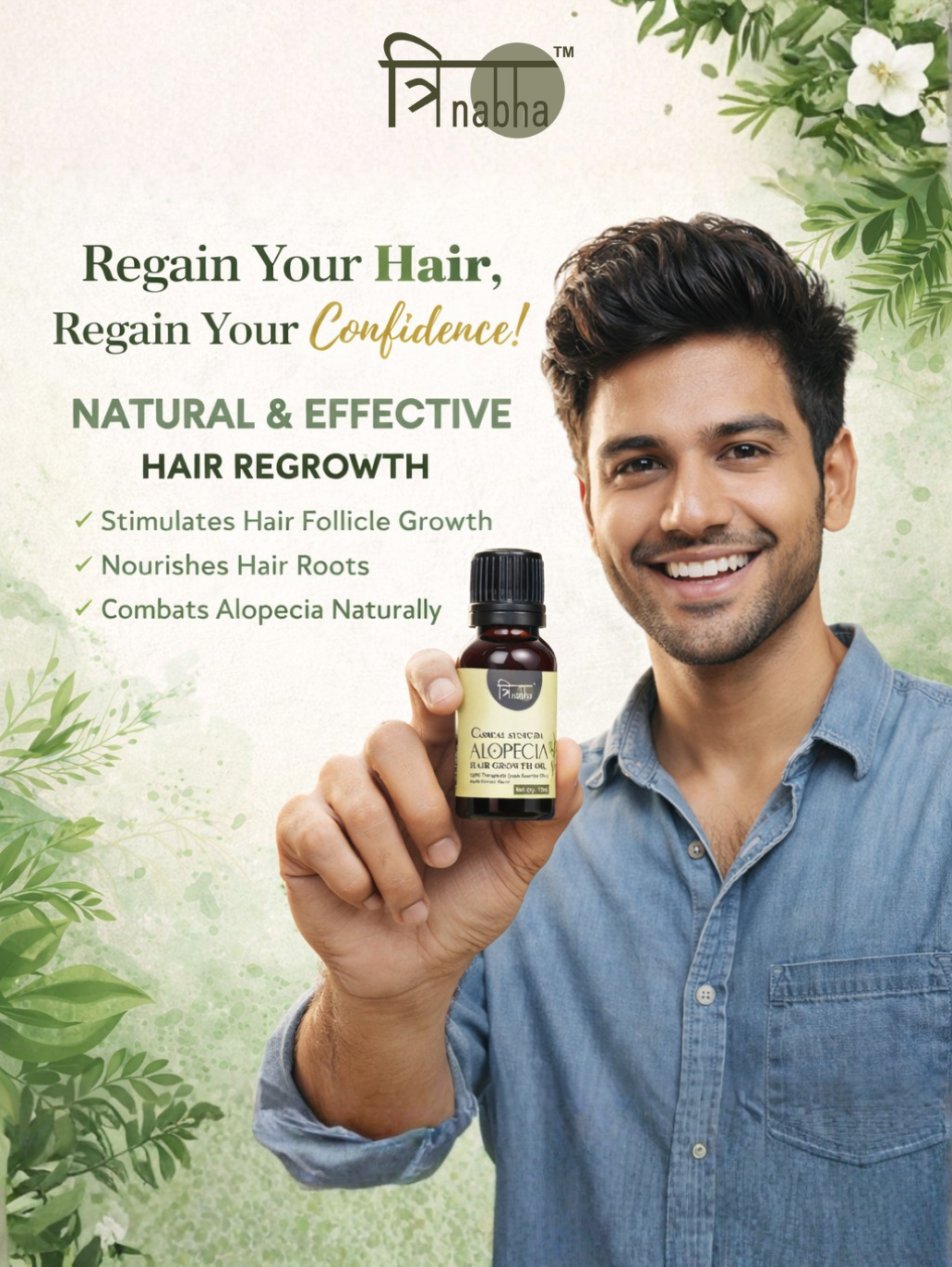Happy man holding Trinabha hair growth oil bottle, showcasing natural hair regrowth and confidence.