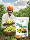 An Indian farmer holding a harvest of fresh green amla berries next to a bag of Trinabha Ayurvedic Amla Powder.