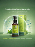 Ayurvedic scalp protection oil by Trinabha showing a protective shield against dandruff from the root.