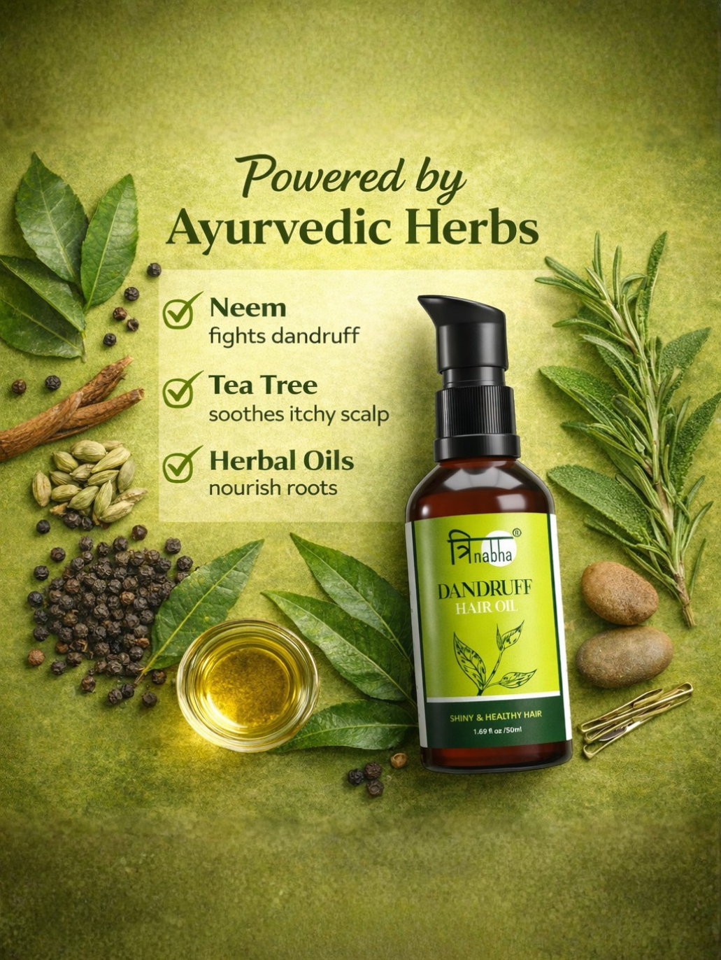 Natural ingredients in Trinabha hair oil including Neem to fight dandruff and Tea Tree to soothe itchy scalp.