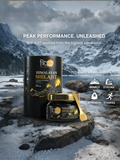 Trinabha Shilajit packaging with icons representing high-altitude source, strength, stamina, and purity for peak performance.