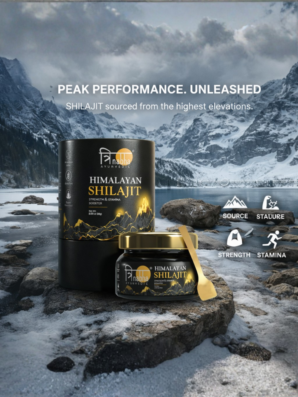Trinabha Shilajit packaging with icons representing high-altitude source, strength, stamina, and purity for peak performance.