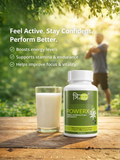 PowerX bottle with a glass of milk and a man exercising in the background; text highlights boosted energy levels, stamina, and focus.