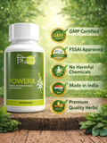 Trina-bha PowerX supplement bottle showing quality badges: GMP Certified, FSSAI Approved, No Harmful Chemicals, and Made in India.