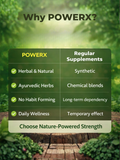 Comparison table showing PowerX benefits: Herbal and natural, Ayurvedic herbs, and no habit-forming ingredients versus synthetic alternatives.