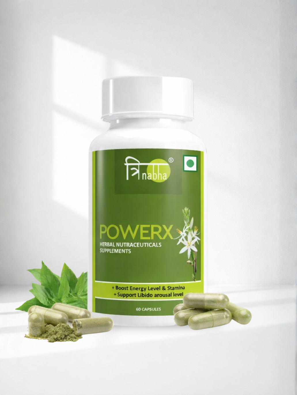 Bottle of Trinabha PowerX herbal supplements with capsules and green leaves on a white background