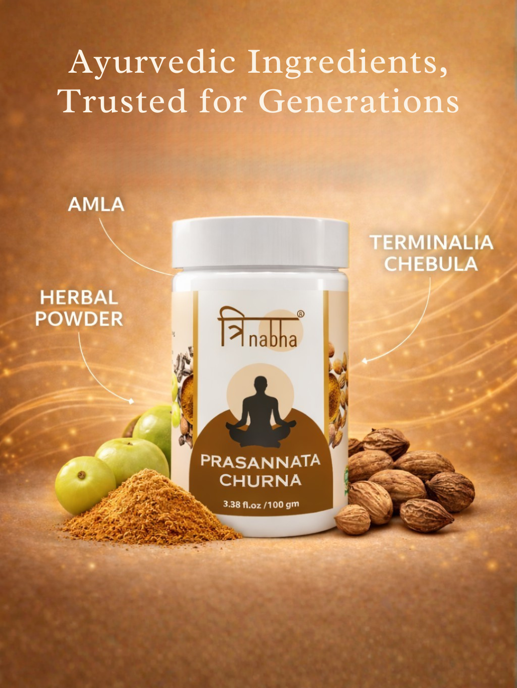 Trusted Ayurvedic ingredients including Amla and Terminalia Chebula herbal powder used in Prasannata Churna