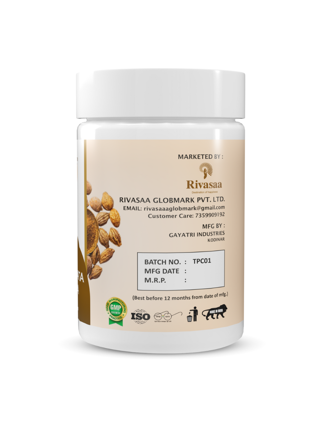 Back label of Prasannata Churna showing marketed by Rivasaa Globmark Pvt. Ltd. and manufactured by Gayatri Industries