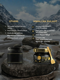Comparison chart showing Trinabha Himalayan Shilajit vs others, emphasizing 18,000ft sourcing, 75% Fulvic Acid, and 80 plus minerals.