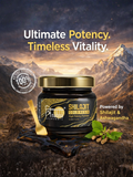 Product showcase of Trinabha Shilajit Gold Resin featuring the key ingredients: Shilajit and Ashwagandha for timeless vitality