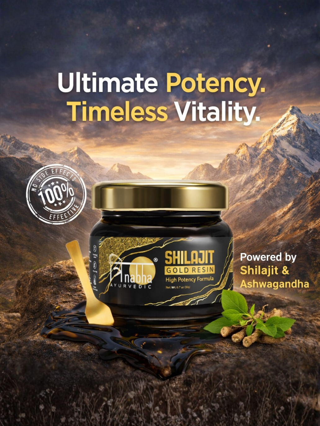 Product showcase of Trinabha Shilajit Gold Resin featuring the key ingredients: Shilajit and Ashwagandha for timeless vitality