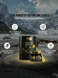 Product infographic displaying benefits: Enhances Strength, Boosts Focus and Clarity, Increases Stamina and Endurance, and Supports Holistic Wellness.