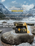 100% Pure Natural Shilajit on a river rock, highlighting benefits like Fulvic acid for better nutrient absorption and 80 plus trace minerals.