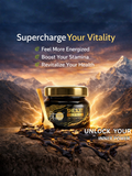 Marketing graphic for Shilajit Gold Resin showing mountain peaks and lightning, highlighting benefits for vitality, stamina, and health