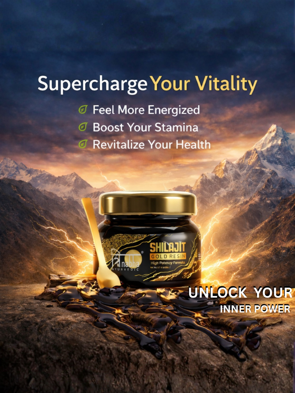 Marketing graphic for Shilajit Gold Resin showing mountain peaks and lightning, highlighting benefits for vitality, stamina, and health