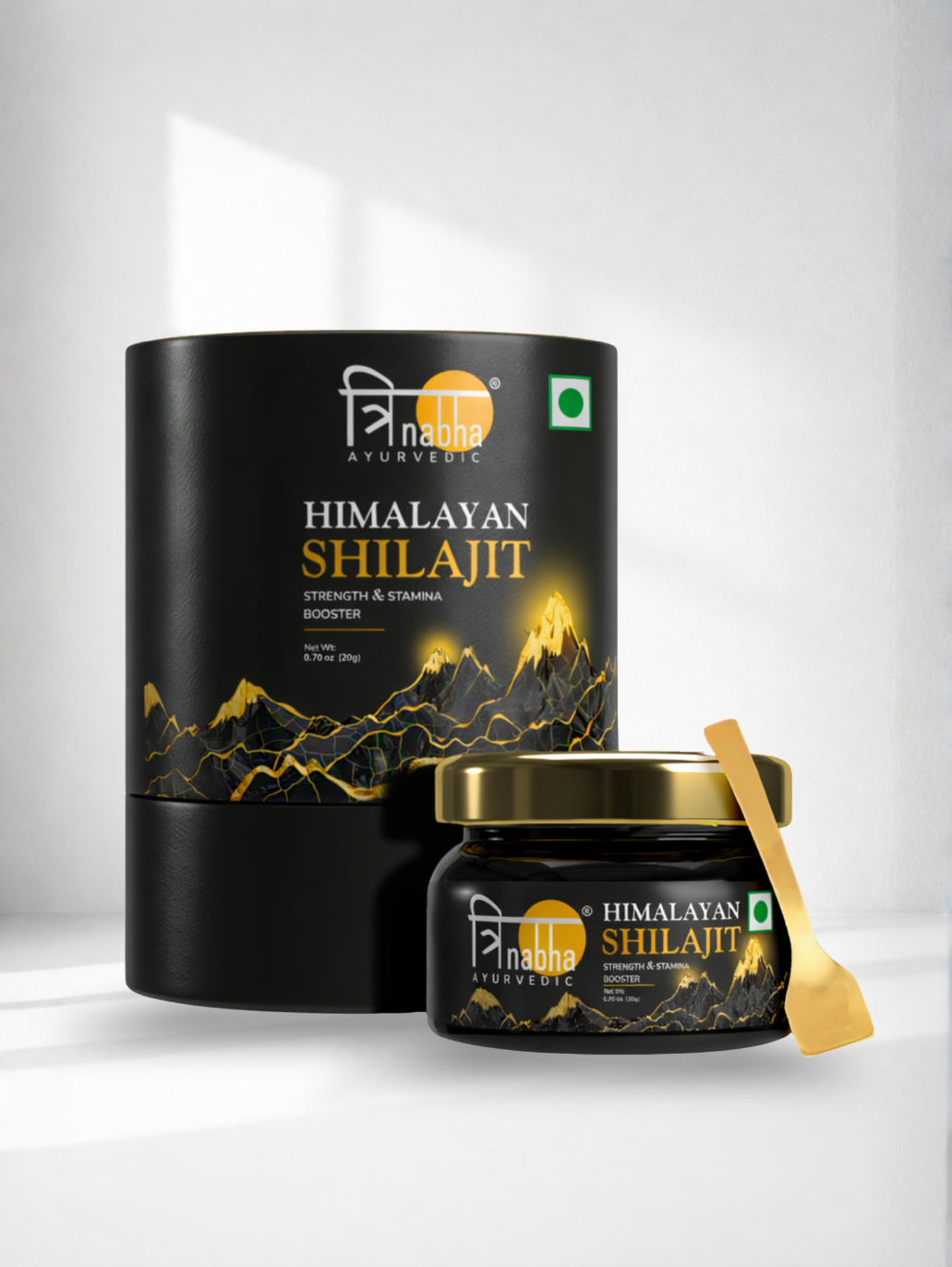 Himalayan Shilajit product with black packaging on a white background