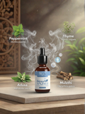 Key herbal ingredients of Swas Anjali including Peppermint, Thyme, Adusa, and Mulethi.