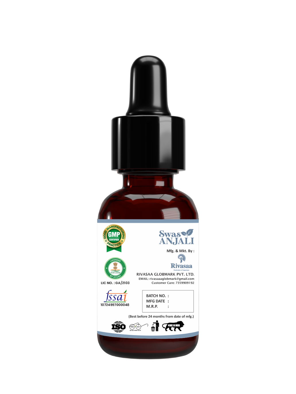 Back label of Swas Anjali bottle showing GMP and AYUSH certifications, FSSAI license number, and manufacturing by Rivasaa Globmark.