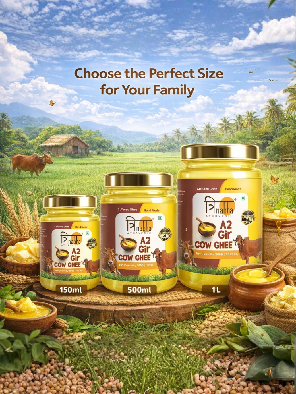 A lineup of Trinabha A2 Gir Cow Ghee jars in three sizes: 150ml, 500ml, and 1L, presented in a rustic outdoor setting.